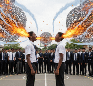 Black teenage boys in uniform talk on a playground, fiery word shells exploding from their mouths, surrounded by other boys.