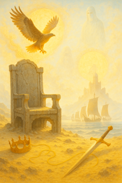 A radiant, mystical scene unfolds with regal ruins, soaring eagles, and a celestial fortress - skendong poetry