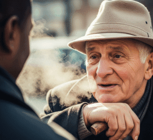 An elderly man in a beige hat, with a wry smile, exhales visible breath while leaning on a stick, talking to a Black man.