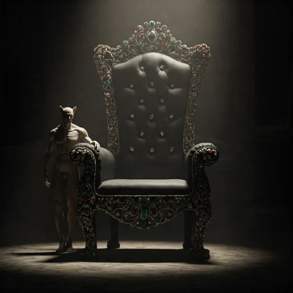 a god man standing next to a large and symbolic empty chair - Skendong Poetry