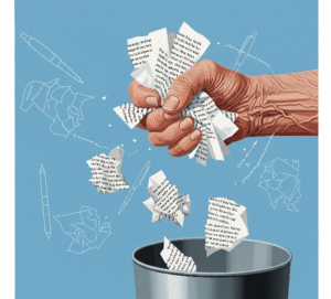 An aged hand crushes crumpled poems into a metal bin with ghostly pens and shapes swirl on a blue background.