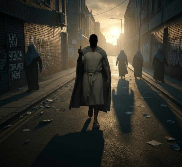 A mysterious man raises his middle finger on a dim street with graffiti and blurred figures of women in burqas.
