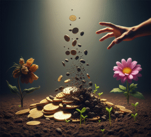 Golden coins morphing into seeds that scatter into the ground, hinting at cycles of death, greed, and renewal.