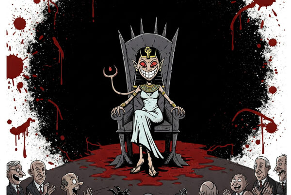 Cartoon Isis on a jagged throne, forked tongue, blood splatters, applauded by sinister figures in a dark, chaotic scene representing malice and deceit.