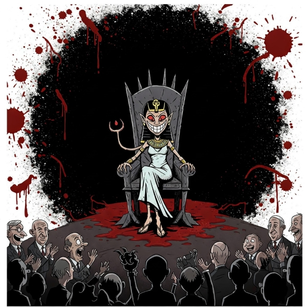 Cartoon Isis on a jagged throne, forked tongue, blood splatters, applauded by sinister figures in a dark, chaotic scene representing malice and deceit.