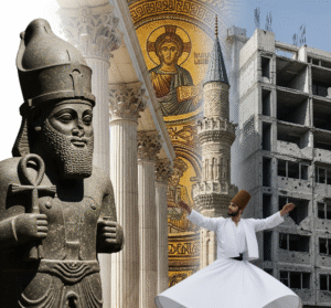 A layered image features a Hittite statue, Roman pillars, Byzantine mosaics, an Islamic minaret, and a bombed building, with a whirling dervish in the foreground.