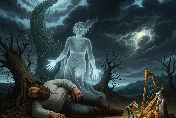 A surreal painting showing a ghostly figure trying to raise a fallen giant, while smaller figures in the background collect gold coins.