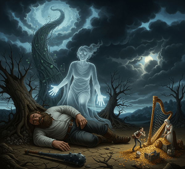 A surreal painting showing a ghostly figure trying to raise a fallen giant, while smaller figures in the background collect gold coins.