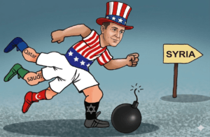 Political cartoon of a generic Uncle Sam character kicking a lit bomb toward a "SYRIA" signpost, with trailing legs labeled Qatar, Saudi, Turkey, and Israel.
