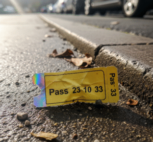 A crumpled concert pass discarded on the street. 
