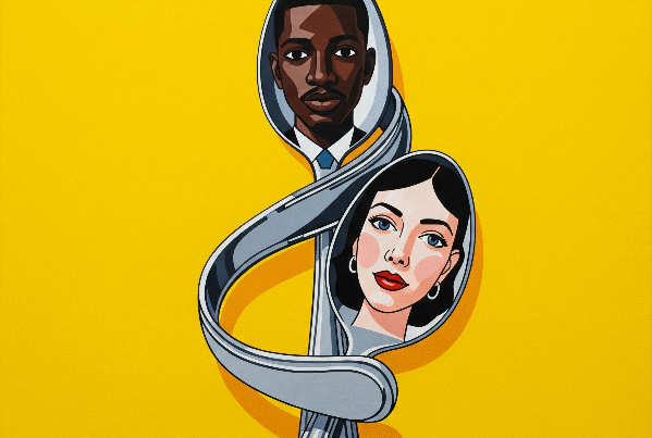 Two silver spoons with a Black man's and a white woman's face, on a yellow background.