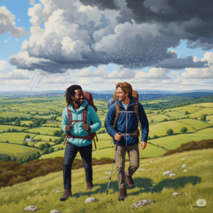 painting of two happy friends, one Black, one White, hiking in a green, hilly landscape under a dynamic sky with sun and rain.