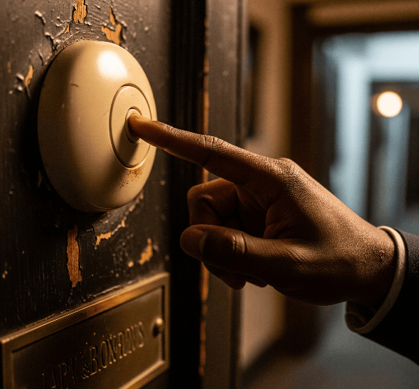 A man's finger pressing a cream buzzer