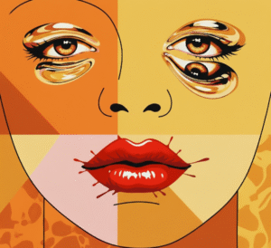 An abstract artwork of a face, featuring bold red lips, mirrored eyes, and geometric lines.