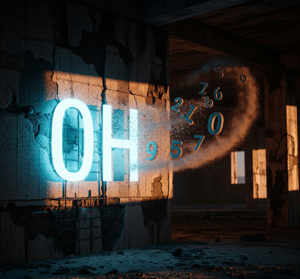 The letters "OH" glow on a dystopian concrete wall, as numbers crumble into dust, signifying logic's demise.