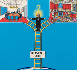 Ladder from Earth to "Heaven's Sake" splits to a boardroom and kitchen; a Rabbi at the fork points both ways, halo a question mark.