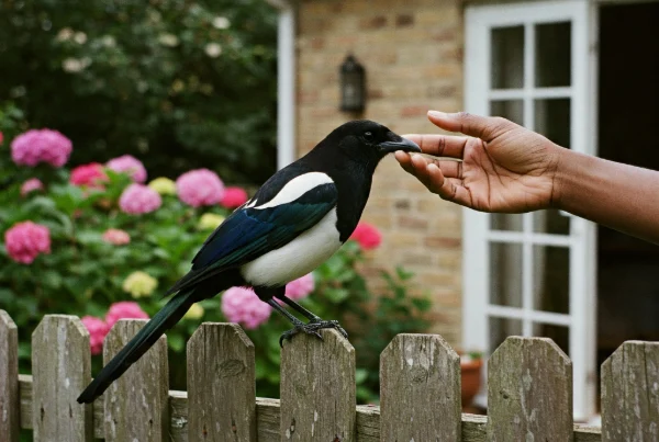A Black hand gently strokes a magpie perched on a garden fence in a dreamlike, sunlit scene.