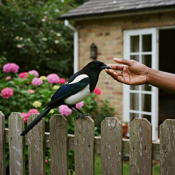 A Black hand gently strokes a magpie perched on a garden fence in a dreamlike, sunlit scene.