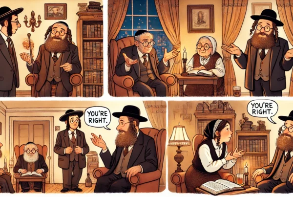 A humorous and warm illustration of a story set in a rabbi's cozy study