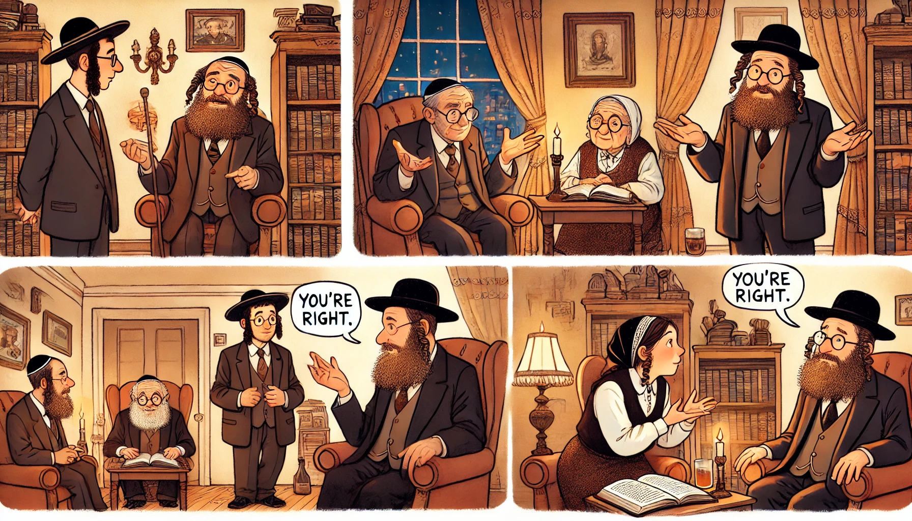 A humorous and warm illustration of a story set in a rabbi's cozy study