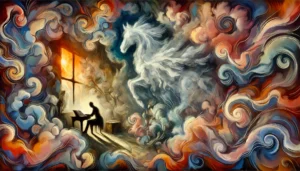 A silhouetted figure sits at a desk surrounded by vibrant, swirling brushstrokes and a shadowy white horse.