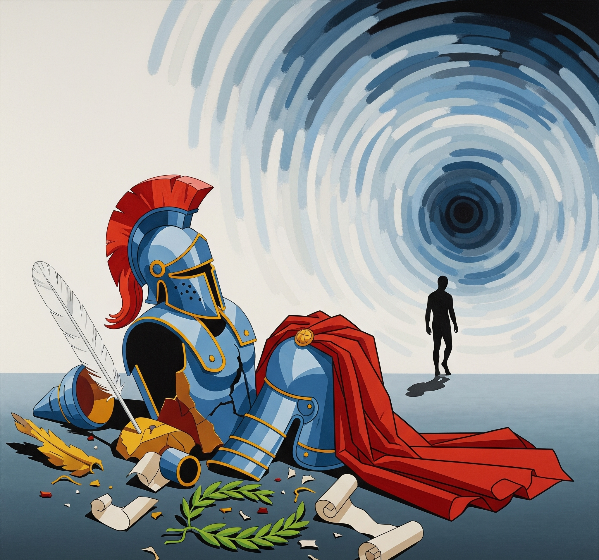Image shows a silhouetted figure walking into a void, leaving behind shattered armor, a quill, scrolls, and a laurel wreath.
