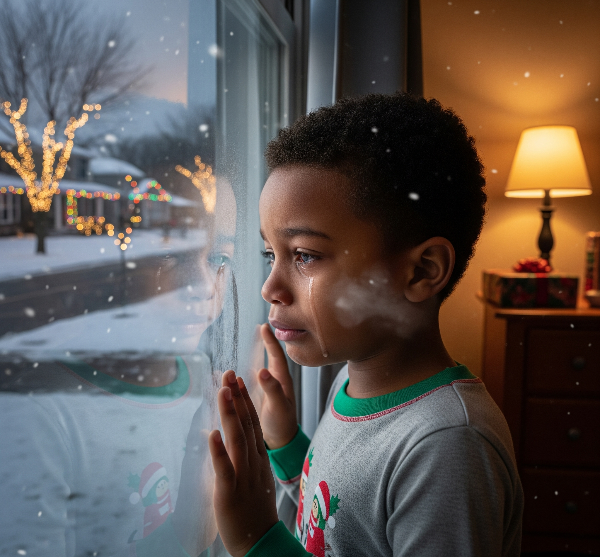 A young Black boy in pajamas cries while looking out a snowy Christmas window, his reflection visible.