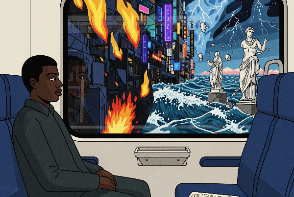 Black man on a train, a book on adjacent seat, with a chaotic abstract landscape outside the window.