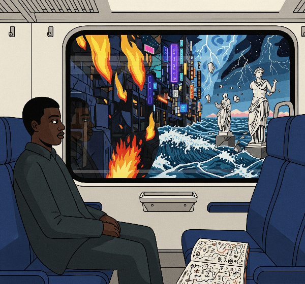Black man on a train, a book on adjacent seat, with a chaotic abstract landscape outside the window.