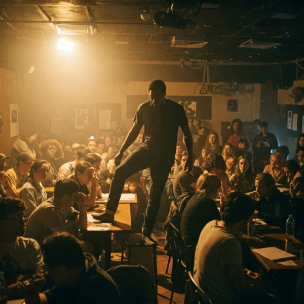a black male standing on a table at a busy poetry slam - skendong poetry