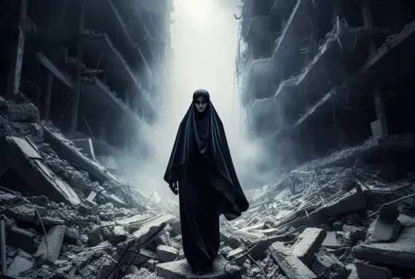 woman in black hijab surrounded by rubble