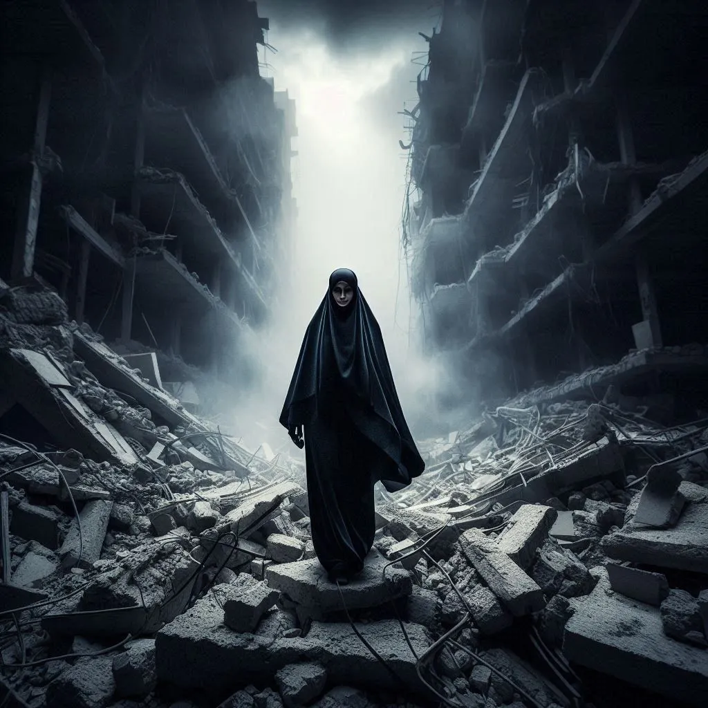 woman in black hijab surrounded by rubble