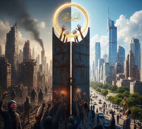 A large rusted gate divides a city into ruins with skeletal figures on one side and a modern, thriving city on the other, with a glowing Arabic-inscribed ring above to which hands reach.