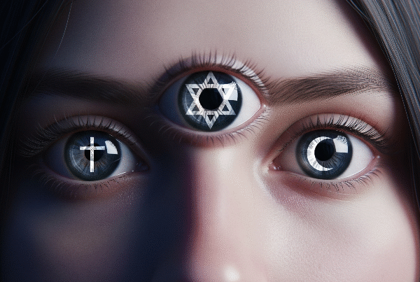 A close-up of a face with three eyes, reflecting a Star of David, a cross, and a crescent moon.