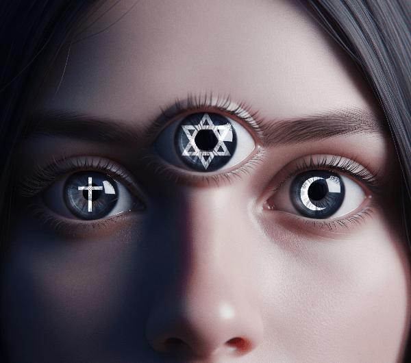 A close-up of a face with three eyes, reflecting a Star of David, a cross, and a crescent moon.