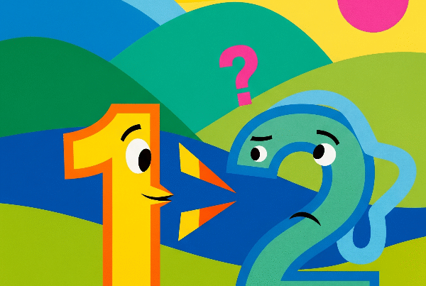 A colorful picture shows a happy number 1 and a number 2 looking confused.