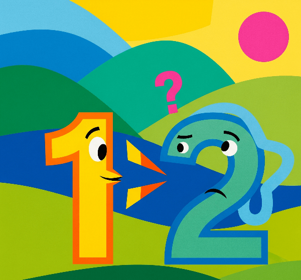 A colorful picture shows a happy number 1 and a number 2 looking confused.