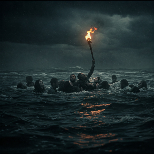 Turbulent, dark sea under a stormy sky. Many people drown, one raises a flickering torch. Desperate hope.