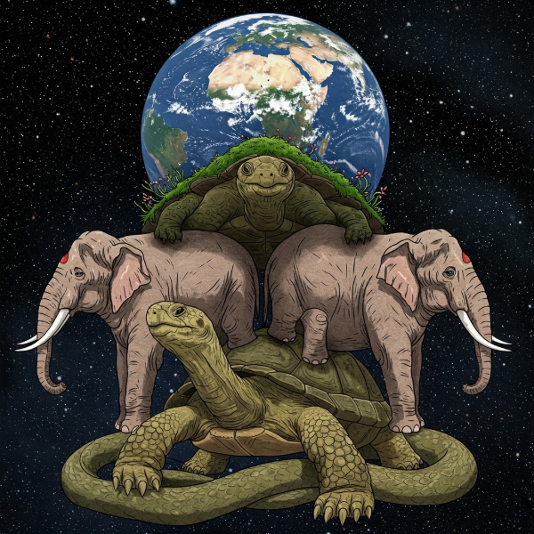 The image shows the Earth being held up by four elephants, who are standing on a giant tortoise. The tortoise is, in turn, supported by a large cobra, all under a starry night sky. The artwork has a whimsical and surreal style.