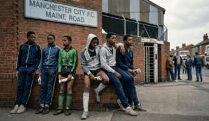 Six young Black footballers in 1980s sportswear lean against a brick wall beneath a 'Manchester City F.C. Maine Road' sign.