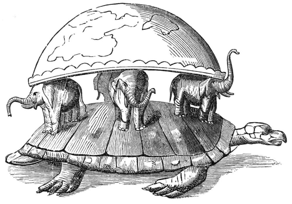 a giant tortoise and four elephants holding up the earth