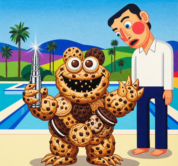 Image of a cookie monster with a silver bullet stands before a giant,