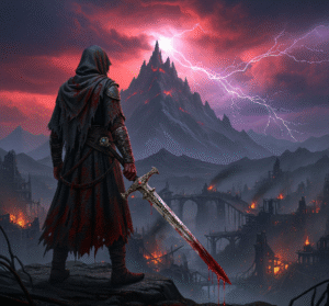 An apocalyptic warrior in torn, blood-stained robes holds a dripping sword, standing on a battlefield with burning ruins under a stormy, lightning-filled, blood-red sky over Mount Aqraa.