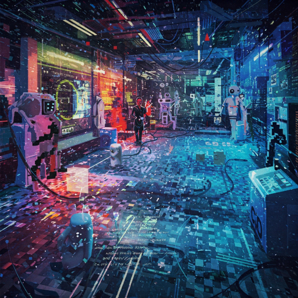 The image shows a vibrant, Hockney-esque, futuristic scene inspired by a poem about spammers, bots, and CAPTCHAs, with bold geometric shapes and digital noise.
