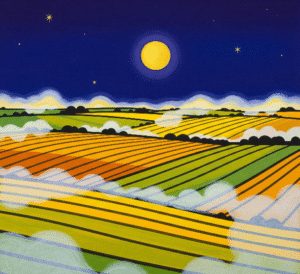 A colorful landscape painting featuring fields of yellow, green, and orange under a golden moon and a dark blue sky. Mist rises from the fields, partially obscuring them.