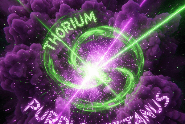 An abstract image of a chemical explosion with swirling purple and green clouds, glowing particles, and the words "thorium" and "purple tetanus" in a neon font.