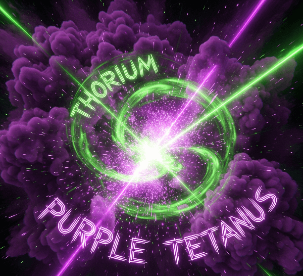 An abstract image of a chemical explosion with swirling purple and green clouds, glowing particles, and the words "thorium" and "purple tetanus" in a neon font.