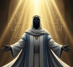 A black man in white and blue robes stands with outstretched arms, his face a featureless black, before a glowing Star of David merging with a cross.