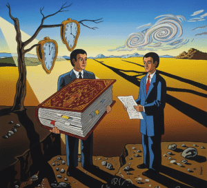 A surreal painting shows two men in a landscape, one holding a huge book, the other a single page. Melting clocks hang from a tree, and long shadows stretch across the scene under a swirling sky.