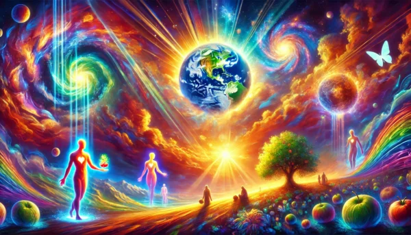 A vibrant, psychedelic cosmic landscape featuring glowing figures, swirling galaxies, Earth, rainbows, and mystical nature.